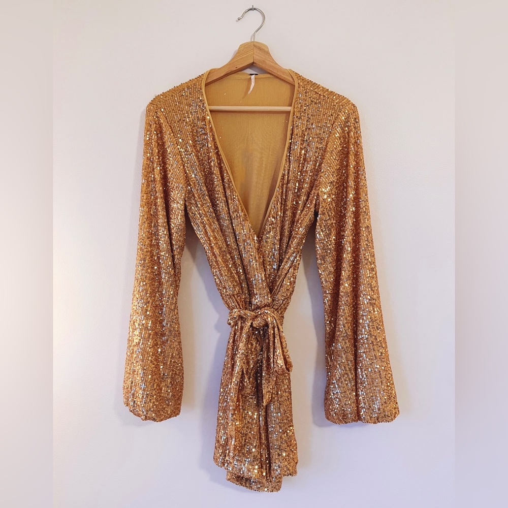 Free People Christa Gold Sequin Wrap Romper